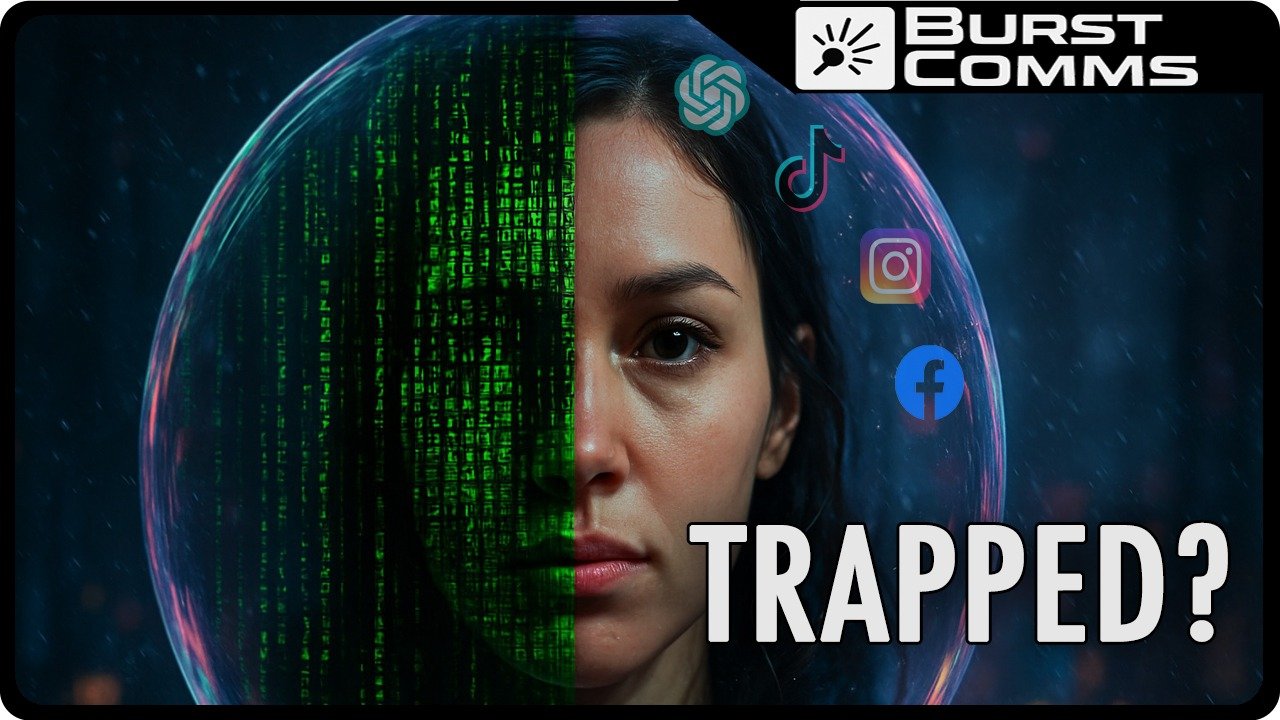 BurstComms videos – Trapped in the AI Bubble thumbnail showing a digital sphere symbolising AI hype.