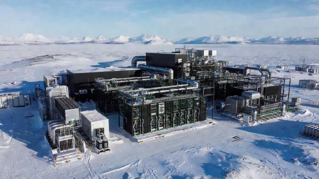 Aerial view of a massive nuclear-powered doomsday data center complex buried in Arctic snow, surrounded by melting permafrost and remote mountain peaks, 2025
