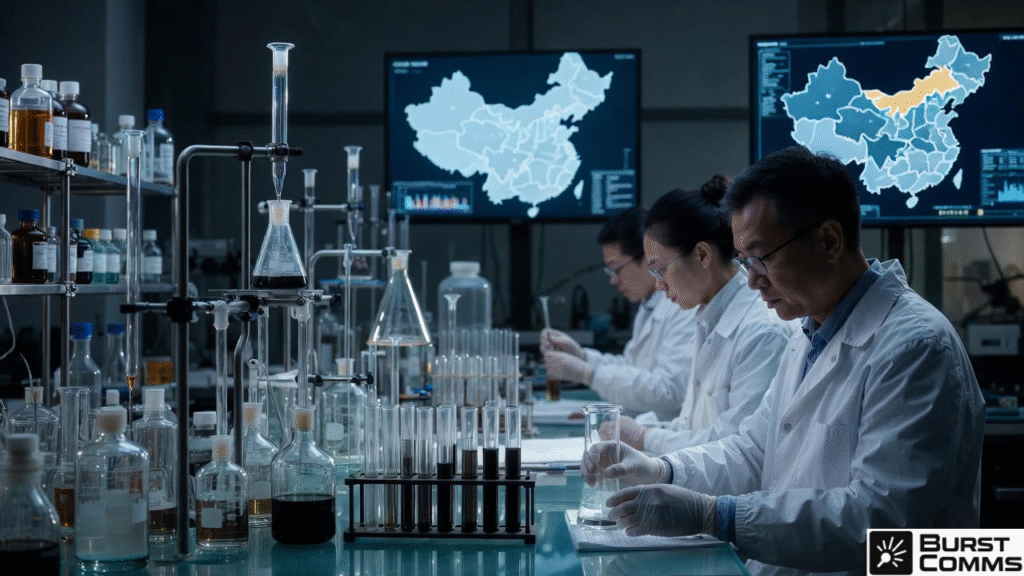 Photorealistic view of Chinese battery-material lab refining graphite into black anode spheres while Western military drones sit grounded in background