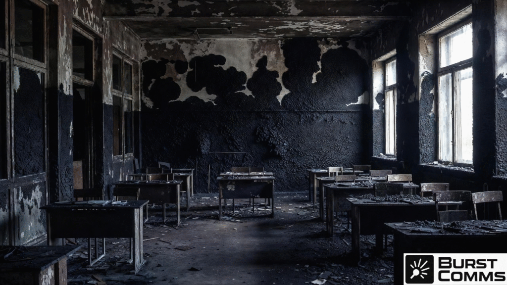 Thick black radiotrophic fungus (Cladosporium sphaerospermum and other melanised species) completely covering the walls and ceiling of an abandoned school classroom in the Chernobyl Exclusion Zone, illustrating how these organisms grow toward radiation instead of away from it.
