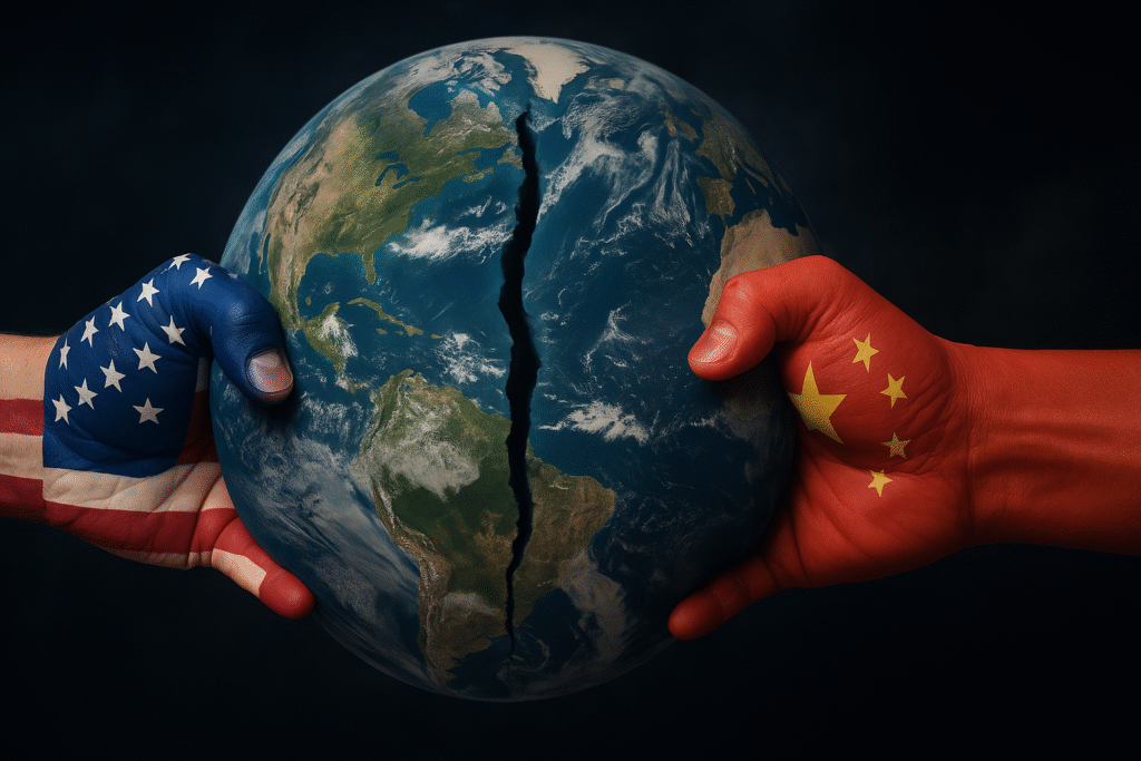 A globe being broken in two by global powers