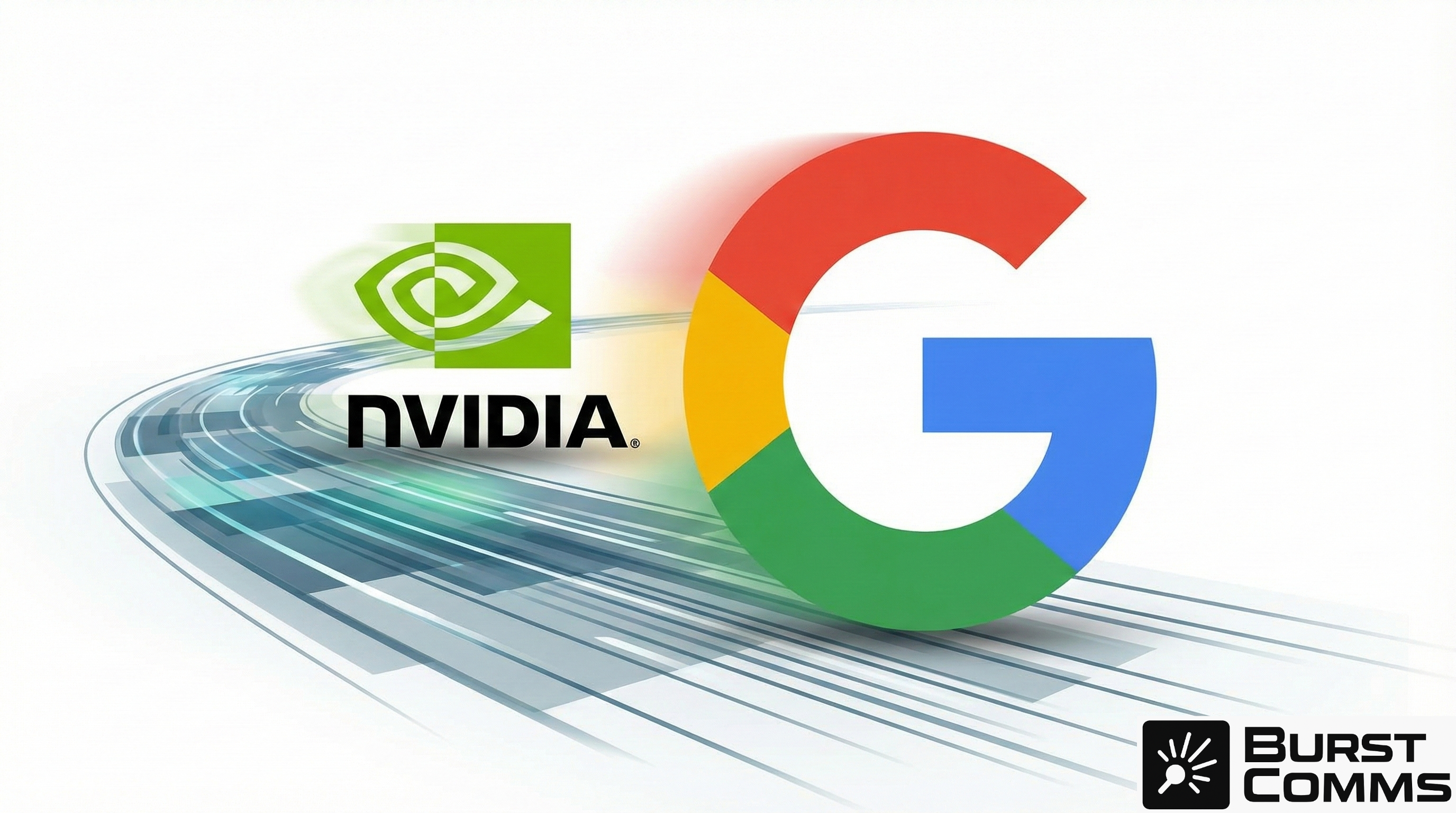 Illustration of the Google logo overtaking the Nvidia logo on a high-speed digital track, symbolizing the shifting AI chip market.