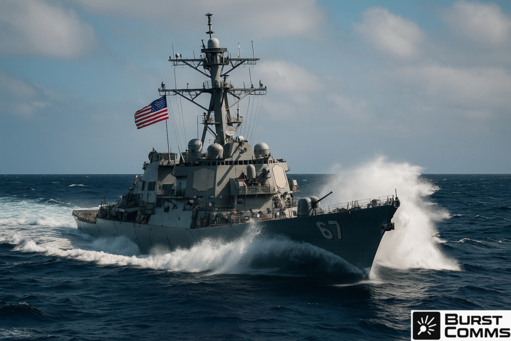 U.S. Navy Arleigh Burke-class destroyer cutting through a bow wave at sea with American flag flying and ocean spray rising around the hull.