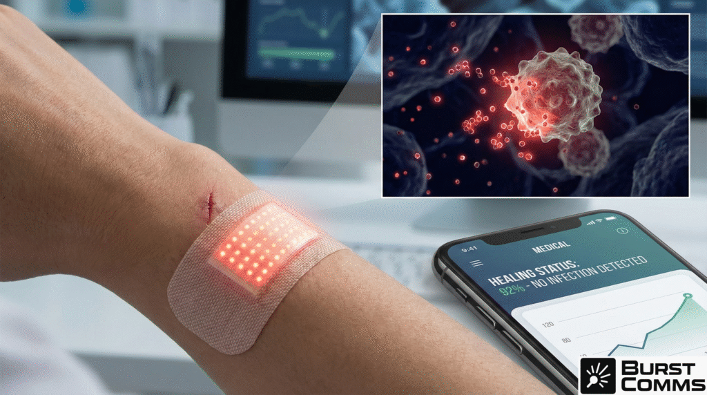 a smart bandage with glowing red micro-LEDs monitoring a wound on a person's arm, alongside a smartphone app displaying a "healing status" graph. An inset micrograph in the corner illustrates glowing red nanoparticles attaching to and lighting up a spiky cancer cell.