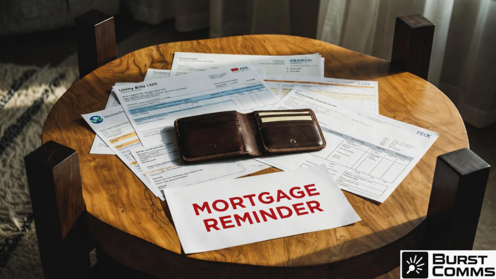 Top-down view of a wooden coffee table with an open empty brown leather wallet placed on top of a bold “MORTGAGE REMINDER” letter, surrounded by scattered unpaid utility bills and payment notices, symbolizing financial stress and debt.