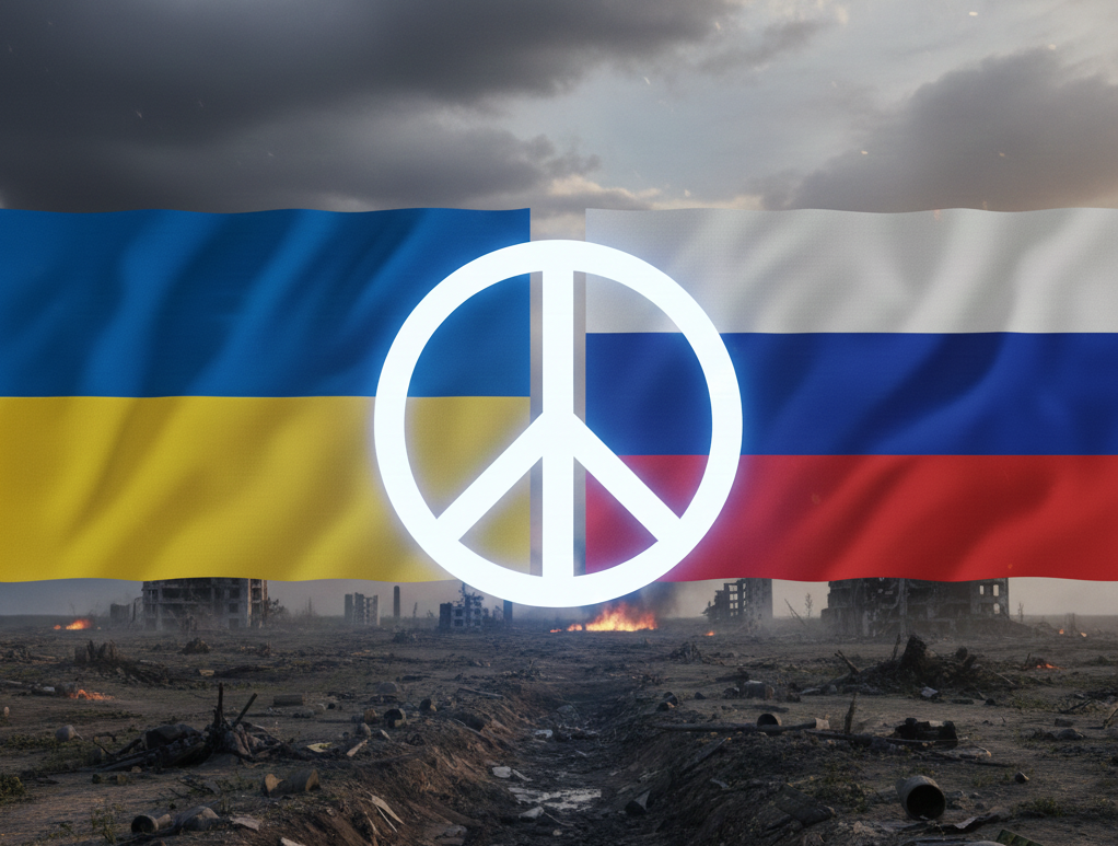 A side-by-side display of the Ukrainian and Russian flags with a transparent peace symbol centered over both, set against a blurred, somber background of a Ukrainian battlefield.