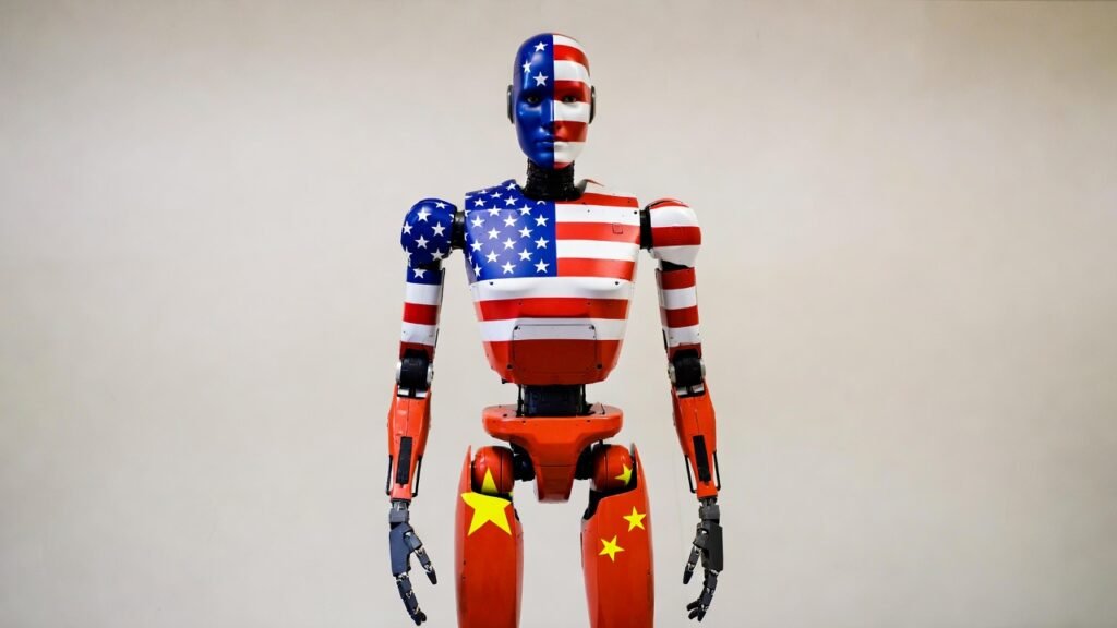 a humanoid robot with a USA top half and a China bottom half